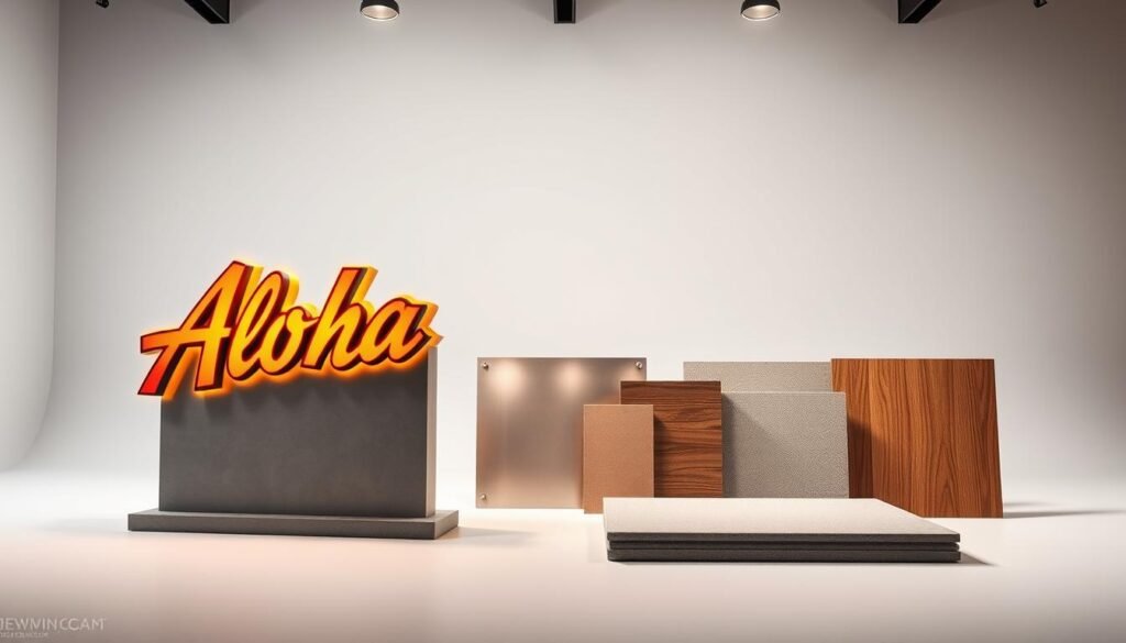 A clean, well-lit studio setting showcasing a variety of common materials used in outdoor advertising signage. In the foreground, a large, backlit Aloha brand sign stands prominently, its surface textures and lighting effects capturing the essence of dimensional signage. The middle ground features samples of acrylic, metal, wood, and fabric materials, each illuminated to highlight their unique properties and applications. The background is a simple, neutral backdrop, allowing the materials to take center stage. The overall scene conveys a sense of professionalism and technical expertise in the field of advertisement construction.