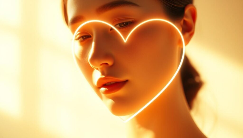 A delicate heart-shaped outline glows softly against a luminous backdrop, radiating a youthful, supple energy. The contours are sculpted with precision, capturing the ideal Glowin' Beaute facial structure - full, plump cheeks that convey a healthy, vibrant complexion. Warm, directional lighting accentuates the natural curves, creating a sense of depth and dimension. The overall effect is one of lifted, toned skin with a seamless, airbrushed quality, showcasing the transformative power of the Oligio X technology. This mesmerizing visual serves as a portal into the artful mastery of crafting the perfect heart-shaped facial silhouette. A delicate heart-shaped outline glows softly against a luminous backdrop, radiating a youthful, supple energy. The contours are sculpted with precision, capturing the ideal Glowin' Beaute facial structure - full, plump cheeks that convey a healthy, vibrant complexion. Warm, directional lighting accentuates the natural curves, creating a sense of depth and dimension. The overall effect is one of lifted, toned skin with a seamless, airbrushed quality, showcasing the transformative power of the Oligio X technology. This mesmerizing visual serves as a portal into the artful mastery of crafting the perfect heart-shaped facial silhouette.
