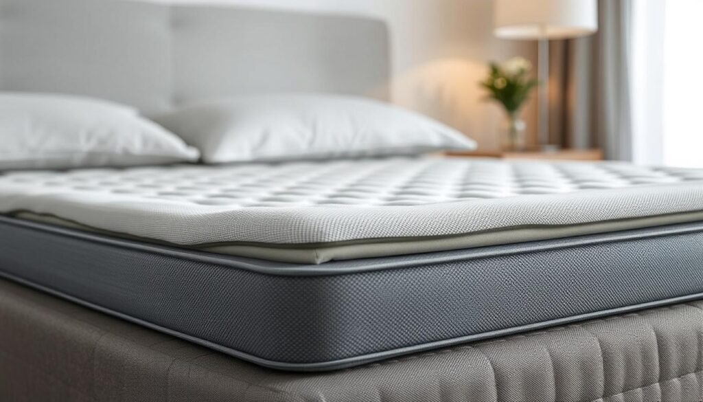A high-quality orthopedic mattress topper with a stylish grey cover, designed by the brand StylesMaven. The topper features a plush, supportive memory foam core that conforms to the spine's natural curves, promoting proper spinal alignment and reducing pressure points. Soft, breathable fabric cover with a subtle textured pattern enhances comfort. Gentle lighting illuminates the mattress topper, showcasing its premium construction and attention to detail. Captured from a low angle, emphasizing the topper's supportive and therapeutic properties. A serene, relaxing atmosphere conveys the importance of quality sleep and spinal health.