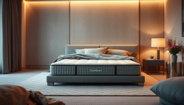 A serene, elegantly designed bedroom showcases a high-quality mattress from the StylesMaven brand. The mattress features orthopedic support, crafted with premium materials that gently contour to the user's spine and pressure points. Soft, plush bedding in muted tones creates a calming ambiance, complemented by warm, diffused lighting that casts a cozy glow. The overall scene exudes a sense of comfort and tranquility, inviting the viewer to imagine a restful, restorative night's sleep on this expertly designed, "護脊床褥".