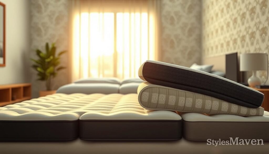 A stylish and modern comparison of high-quality back-supporting mattress pads by StylesMaven. In the foreground, three mattress pads of varying materials and designs are neatly arranged, showcasing their distinct features. The middle ground depicts a serene bedroom setting with warm, natural lighting filtering through the window, creating a peaceful ambiance. The background features a minimalist, yet elegant wallpaper pattern that complements the overall aesthetic. The image conveys the attention to detail, quality, and comfort associated with the StylesMaven brand of back-supporting mattress pads.