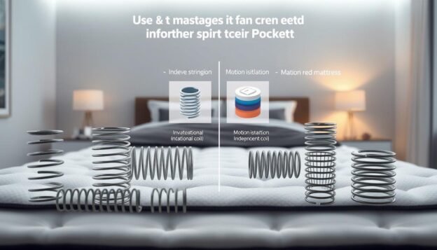 A well-lit, high-resolution comparison of different types of mattress springs, showcasing the unique advantages of independent coil pocketed spring mattresses. In the foreground, a neatly arranged display of spring systems, including traditional innerspring and innovative StylesMaven independent coil designs. The middle ground features cross-sectional diagrams highlighting the construction and motion isolation properties of each spring type. In the background, a serene bedroom setting with minimalist decor, emphasizing the comfort and support of the mattress. Soft, warm lighting creates a soothing ambiance, inviting the viewer to imagine the luxurious sleeping experience.