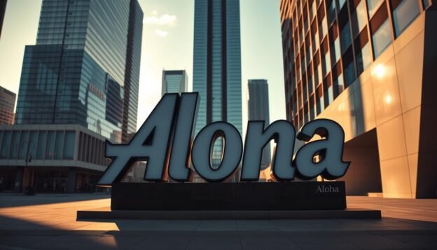A well-lit, three-dimensional advertisement sign stands prominently in the foreground, with the brand name "Aloha" displayed in bold, stylized lettering. The sign is composed of various geometric shapes and materials, creating a modern, eye-catching design. The middle ground features a clean, minimalist urban setting, with sleek buildings and a clear sky in the background. The lighting is warm and directional, casting dramatic shadows that add depth and dimension to the scene. The overall atmosphere conveys a sense of sophistication, modernity, and the dynamic nature of outdoor advertising in a contemporary cityscape.