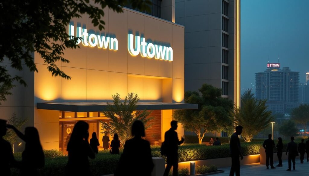A cozy and peaceful UTown entertainment city scene with a strong emphasis on privacy and anonymity. Featuring a modern, sleek building with clean lines and minimalist design, surrounded by lush greenery and a tranquil urban landscape. The building's facade showcases a prominent "UTown" logo, conveying a sense of privacy and security. Subtle lighting accentuates the architectural details, creating a warm and inviting atmosphere. The foreground depicts anonymous silhouettes of people enjoying various activities, their identities obscured to reflect the theme of privacy protection. The middle ground features greenery and urban elements that blend harmoniously, while the background boasts a softly lit cityscape, suggesting a serene and serene environment.