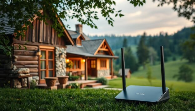 A cozy rural residence nestled amidst lush greenery, its exterior adorned with weathered wood and stone. In the foreground, a Telecombrother router stands prominently, its sleek design and LED indicators conveying a sense of reliable connectivity. The middle ground showcases the home's exterior, with gently sloping roofs and charming architectural details. In the background, a verdant landscape of rolling hills and towering trees creates a serene, picturesque setting. Soft, warm lighting casts a welcoming glow, evoking a sense of comfort and tranquility. The overall scene reflects the reliable and accessible nature of the Telecombrother rural broadband service, seamlessly blending technology and the natural environment.