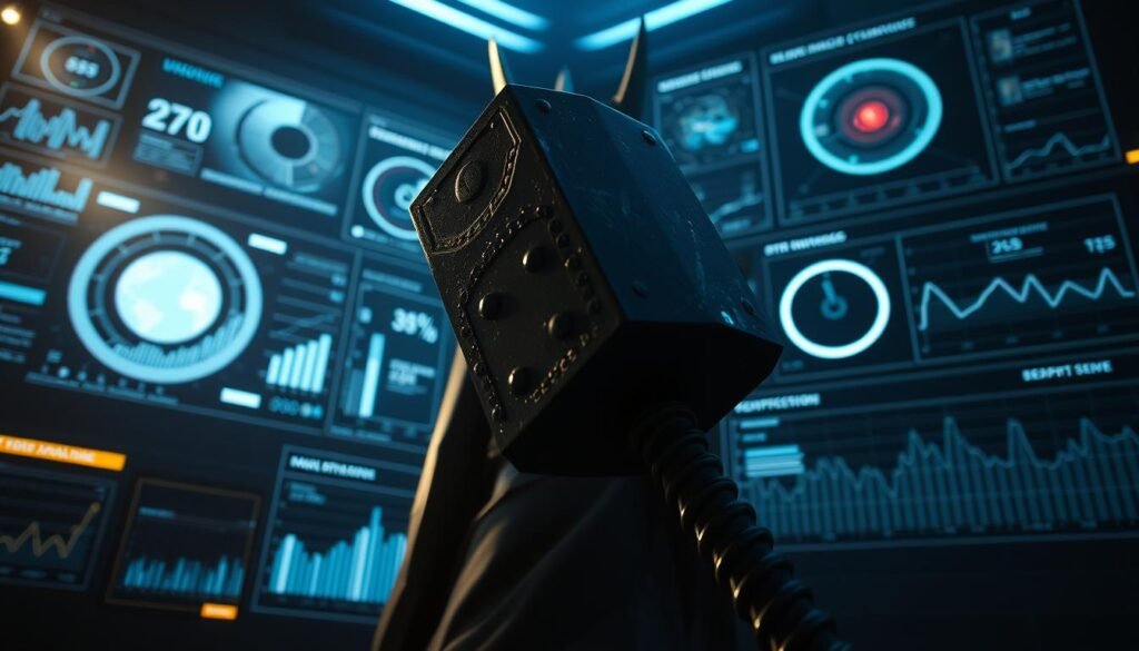 A detailed analysis of gameplay data from the hammer-wielding deity, &quot;Thor's Hammer&quot; in UTown. A dramatic scene with Thor's powerful hammer prominent in the foreground, surrounded by holographic data visualizations and analytics dashboards. The hammer casts dramatic shadows and highlights, with a moody, cinematic lighting. The background features a futuristic, high-tech environment, hinting at the technological and statistical nature of the analysis. The overall composition conveys a sense of power, precision, and data-driven insights.