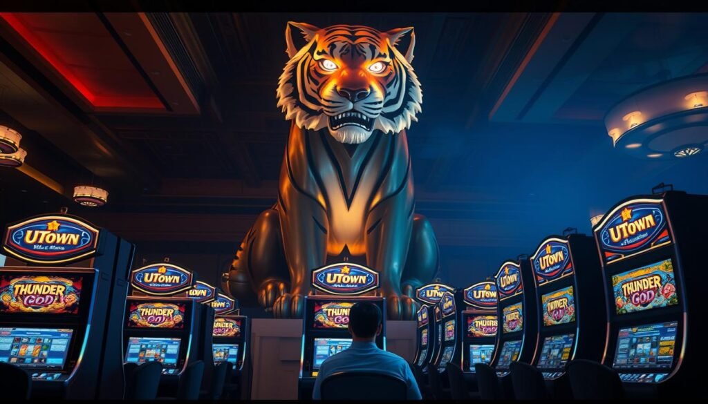 A dimly lit casino interior, with a towering, majestic tiger statue at the center of the scene. The tiger's eyes glow with an ethereal light, its powerful presence commanding attention. Surrounding the statue, a sea of slot machines adorned with the UTown brand, their screens flashing and beckoning players to try their luck. The atmosphere is charged with anticipation, as a single player sits transfixed, their gaze fixed on the reels, ready to experience the thrill of the "Thunder God Slot Machine" game.