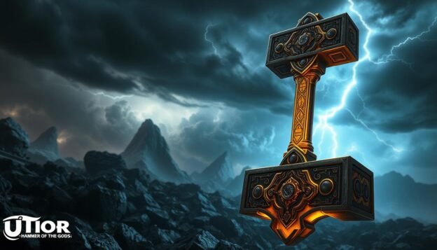 A fantasy scene depicting the mythical hammer &amp;quot;Mjolnir&amp;quot; from the UTown video game &amp;quot;Thor: Hammer of the Gods&amp;quot;. The hammer is prominently featured in the foreground, its ornate design and powerful runes glowing with a golden light. The middle ground shows a rocky, storm-ravaged landscape with swirling clouds and lightning in the background. The atmosphere is dramatic and foreboding, evoking the might and mysticism of the Norse god of thunder, Thor. The lighting is moody and cinematic, with dramatic shadows and highlights accentuating the hammer's details. The overall composition draws the viewer's attention to the powerful, legendary artifact at the center of the scene.