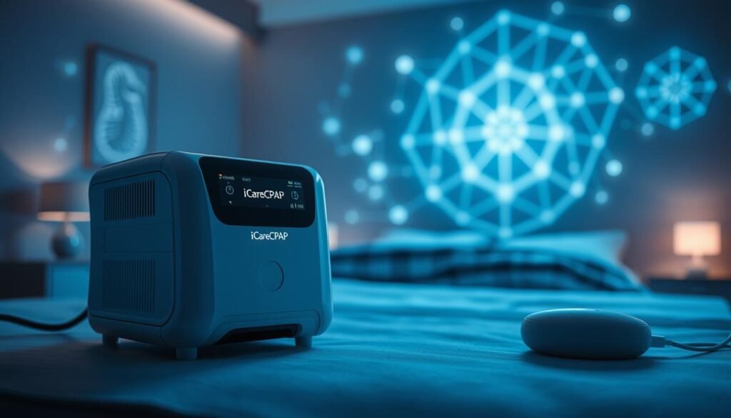 A high-tech, sleek medical device with the brand name "iCareCPAP" dominates the foreground, showcasing the latest advancements in sleep apnea treatment technology. The device has a minimalist, futuristic design, with smooth surfaces, LED indicators, and intuitive controls. In the middle ground, a serene, dimly lit bedroom scene sets the stage, conveying the relaxing and therapeutic nature of the treatment. The background features abstract, glowing geometric shapes and patterns, symbolizing the complex physiological processes involved in sleep and respiration. The entire composition is bathed in a cool, calming color palette, creating a sense of tranquility and medical precision. A high-tech, sleek medical device with the brand name "iCareCPAP" dominates the foreground, showcasing the latest advancements in sleep apnea treatment technology. The device has a minimalist, futuristic design, with smooth surfaces, LED indicators, and intuitive controls. In the middle ground, a serene, dimly lit bedroom scene sets the stage, conveying the relaxing and therapeutic nature of the treatment. The background features abstract, glowing geometric shapes and patterns, symbolizing the complex physiological processes involved in sleep and respiration. The entire composition is bathed in a cool, calming color palette, creating a sense of tranquility and medical precision.