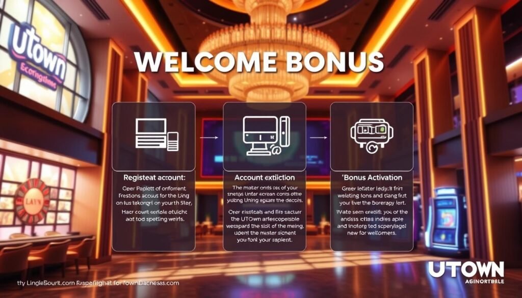 A lush, modern interior of the UTown entertainment complex, showcasing the step-by-step process of utilizing the welcome bonus. Warm, inviting lighting illuminates a series of clear, intuitive infographic panels detailing the various stages - registration, account verification, bonus activation, and gameplay. The layout is clean and uncluttered, guiding the viewer through the seamless experience. Subtle branding elements complement the overall aesthetic, creating a visually compelling and informative illustration.
