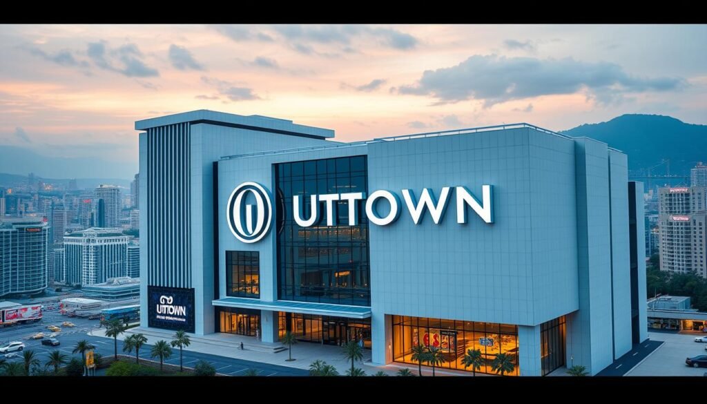 A modern, sleek, and well-designed UTown entertainment complex with a striking exterior featuring clean lines, large windows, and a minimalist aesthetic. The building is set against a backdrop of a bustling urban landscape, with towering skyscrapers and a vibrant cityscape in the distance. The foreground showcases the UTown logo prominently displayed, conveying a sense of professionalism and attention to detail. The interior of the complex is visible through the windows, hinting at the diverse range of gaming and entertainment options available to visitors. The overall atmosphere exudes a sense of sophistication, exclusivity, and a commitment to providing a premium gaming experience without any self-operated facilities.