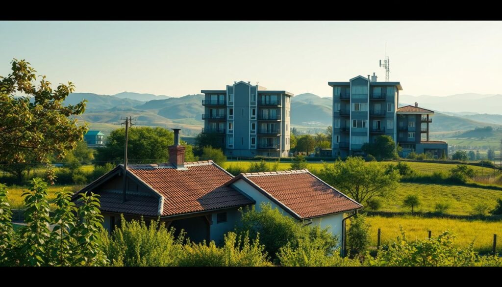 A serene countryside landscape, capturing the differences between village and urban home broadband. In the foreground, a quaint village house nestled amidst lush greenery, its roof tiles glistening in the warm sunlight. In the middle ground, a modern residential building, its sleek facade contrasting with the rustic charm of the village home. The background reveals rolling hills and a clear blue sky, evoking a sense of tranquility. The image is lit with a soft, natural light, accentuating the distinct architectural styles and broadband infrastructure. Telecombrother's broadband network is seamlessly integrated, catering to the unique needs of both rural and urban dwellers. A serene countryside landscape, capturing the differences between village and urban home broadband. In the foreground, a quaint village house nestled amidst lush greenery, its roof tiles glistening in the warm sunlight. In the middle ground, a modern residential building, its sleek facade contrasting with the rustic charm of the village home. The background reveals rolling hills and a clear blue sky, evoking a sense of tranquility. The image is lit with a soft, natural light, accentuating the distinct architectural styles and broadband infrastructure. Telecombrother's broadband network is seamlessly integrated, catering to the unique needs of both rural and urban dwellers.