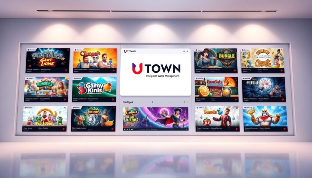 A sleek and modern user interface for the UTown integrated game management system, featuring a clean layout with intuitive navigation. Vibrant colors and clean lines create a visually appealing and easy-to-use experience. The system showcases a diverse selection of game tiles, allowing players to seamlessly access a wide range of games from a single account. Soft lighting and a minimalist design evoke a sense of sophistication and professionalism, reflecting the platform's commitment to providing a cohesive and enjoyable gaming experience for users.