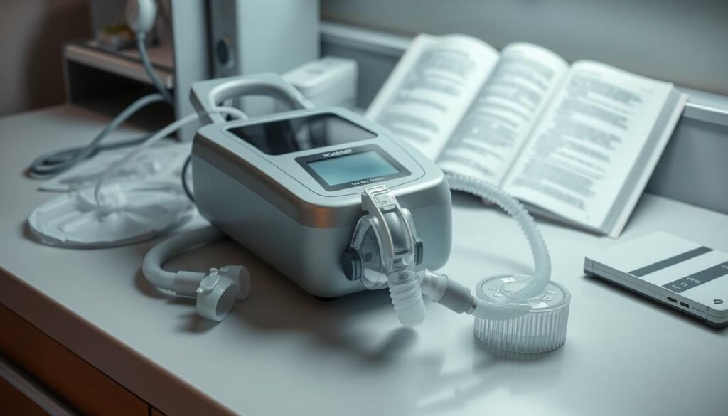 A well-maintained iCareCPAP sleep apnea machine resting on a clean, organized workbench. The machine's various components, such as the mask, tubing, and filters, are arranged neatly for inspection and cleaning. Soft, diffused lighting illuminates the scene, casting gentle shadows and highlighting the machine's sleek, modern design. In the background, a medical reference book or manual is open, providing guidance on proper maintenance and care. The overall atmosphere conveys a sense of professionalism, attention to detail, and a commitment to ensuring the machine's optimal performance for the user's health and comfort. A well-maintained iCareCPAP sleep apnea machine resting on a clean, organized workbench. The machine's various components, such as the mask, tubing, and filters, are arranged neatly for inspection and cleaning. Soft, diffused lighting illuminates the scene, casting gentle shadows and highlighting the machine's sleek, modern design. In the background, a medical reference book or manual is open, providing guidance on proper maintenance and care. The overall atmosphere conveys a sense of professionalism, attention to detail, and a commitment to ensuring the machine's optimal performance for the user's health and comfort.
