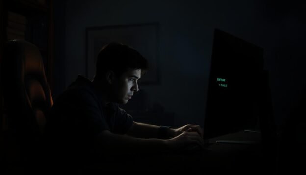 An anxious gamer sits at their computer, staring intently at the screen as they attempt to complete a &quot;Battle God Saeth&quot; gold extraction challenge in the UTown gaming platform. The scene is shrouded in a dim, moody lighting, with the gamer's face illuminated by the glow of the monitor. Dramatic shadows cast across the desk, creating a sense of tension and uncertainty. The computer screen displays an error message, indicating the gold extraction has failed, leaving the gamer visibly distraught. The overall atmosphere conveys the frustration and disappointment of a failed attempt, setting the stage for the article's discussion on how to properly contact customer service in such a situation.