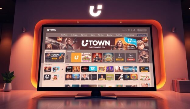 Detailed 3D rendered illustration of the UTown entertainment city platform, featuring a modern, sleek interface with a clean layout, intuitive navigation, and a variety of game icons and thumbnails. The scene is illuminated by warm, directional lighting that casts subtle shadows, creating a sense of depth and dimensionality. The platform's branding and logo are prominently displayed, conveying a sense of professionalism and trustworthiness. The overall atmosphere is one of sophistication, accessibility, and the promise of an engaging, integrated gaming experience.
