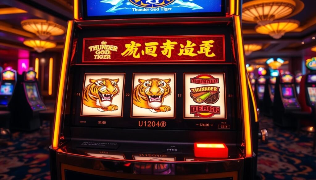 Detailed photo of an UTown slot machine with "Thunder God Tiger" design, showcasing its key features. Warm golden lighting illuminates the machine, creating an inviting atmosphere. The reels are prominently displayed, with intricate tiger and lightning symbols. The cabinet has a sleek, modern appearance with clean lines and glossy surfaces. The machine is placed in a luxurious casino setting, with plush carpeting and dimmed ambient lighting to enhance the gaming experience. The overall composition highlights the machine's striking visuals and captivating gameplay, enticing players to try their luck.