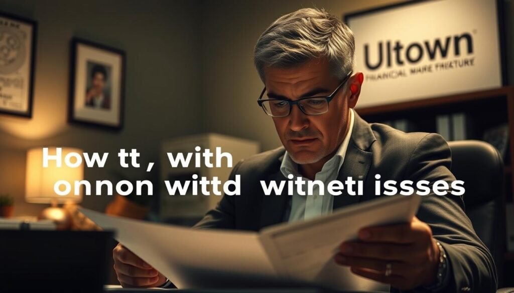 Dramatic scene of a financial advisor meticulously reviewing financial documents, surrounded by a warm, UTown-branded office environment. Soft lighting casts shadows, conveying a sense of focused contemplation. The advisor's expression is one of determined problem-solving, hinting at the resolution of common withdrawal issues. The composition emphasizes attention to detail and a professional, trustworthy atmosphere.