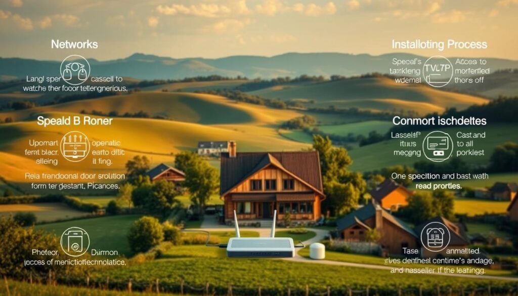 Vivid and detailed rural home broadband comparison featuring Telecombrother services. Expansive countryside landscape with rolling hills, lush greenery, and quaint village homes in the foreground. Focus on a centrally placed family home with a visible broadband router and devices connected. Warm, natural lighting accentuates the rustic architectural details. Subtle hues of green, brown, and blue create a serene, pastoral atmosphere. Technical specifications such as network speeds, installation process, and common troubleshooting showcased through seamless integration into the scene. Convey the reliable, accessible, and hassle-free nature of the Telecombrother rural broadband solution. Vivid and detailed rural home broadband comparison featuring Telecombrother services. Expansive countryside landscape with rolling hills, lush greenery, and quaint village homes in the foreground. Focus on a centrally placed family home with a visible broadband router and devices connected. Warm, natural lighting accentuates the rustic architectural details. Subtle hues of green, brown, and blue create a serene, pastoral atmosphere. Technical specifications such as network speeds, installation process, and common troubleshooting showcased through seamless integration into the scene. Convey the reliable, accessible, and hassle-free nature of the Telecombrother rural broadband solution.
