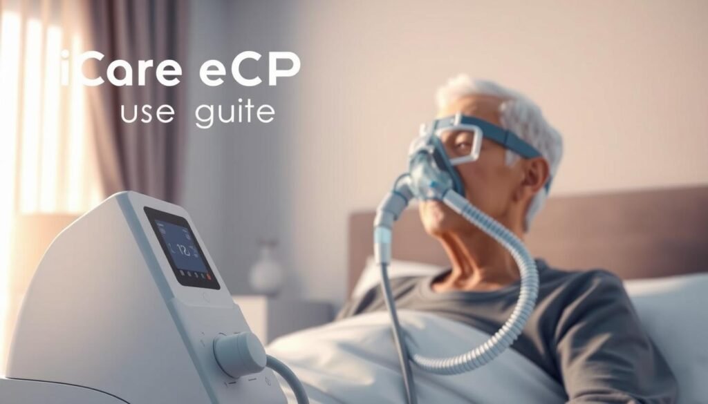 A detailed, high-quality illustration of the iCareCPAP sleep apnea machine usage guide. The foreground shows the device itself, with its control panel, tubing, and mask components prominently displayed. The middle ground features a senior adult patient wearing the mask, with their head and upper torso visible. The background depicts a soothing, minimalist bedroom environment with soft lighting and muted colors, conveying a sense of relaxation and comfort. The overall scene should be captured from a slightly elevated angle, creating a sense of depth and emphasizing the key elements of the machine and its proper usage by the elderly user. The mood should be informative yet calming, reflecting the importance of proper sleep apnea management for the target audience. A detailed, high-quality illustration of the iCareCPAP sleep apnea machine usage guide. The foreground shows the device itself, with its control panel, tubing, and mask components prominently displayed. The middle ground features a senior adult patient wearing the mask, with their head and upper torso visible. The background depicts a soothing, minimalist bedroom environment with soft lighting and muted colors, conveying a sense of relaxation and comfort. The overall scene should be captured from a slightly elevated angle, creating a sense of depth and emphasizing the key elements of the machine and its proper usage by the elderly user. The mood should be informative yet calming, reflecting the importance of proper sleep apnea management for the target audience.
