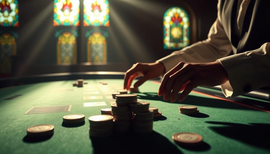 A dimly lit casino table, the green felt surface a tapestry of subtle rule variations. Elegant hands move chips across the layout, navigating the nuanced changes in baccarat gameplay. Soft light filters through stained glass, casting an air of mystique and strategy. The dealer's movements are precise, guiding players through the evolving landscape of this time-honored game. Shadows and highlights interplay, emphasizing the dynamic nature of the rules as they shift between establishments. An atmosphere of concentration and calculated risk pervades the scene, showcasing how subtle rule modifications can profoundly impact the baccarat experience.