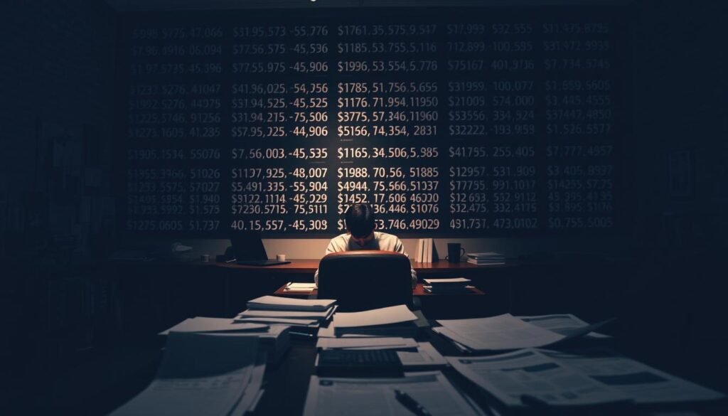 A dimly lit office setting, with a desk in the foreground featuring a laptop, calculator, and scattered documents. In the middle ground, a person sits at the desk, intently studying credit reports and financial statements. The background showcases a large, looming wall of numbers and statistics, representing the complex relationship between credit inquiries and credit scores. Soft, directional lighting casts shadows, creating a contemplative atmosphere. The scene conveys the seriousness and importance of understanding the impact of credit inquiries on one's financial well-being.