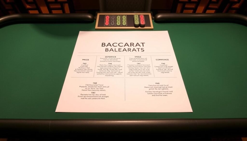 A neatly arranged table with a green felt surface, surrounded by stylized Asian-inspired architectural elements. The table is illuminated by warm, indirect lighting, casting soft shadows that add depth and dimension. On the table, a detailed illustration of the key baccarat rules and gameplay mechanics is prominently displayed, utilizing a clean, minimalist design. The overall mood is one of elegance and sophistication, befitting the subject matter of baccarat gameplay and strategy.