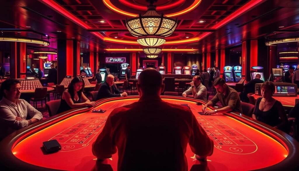 A neon-lit casino interior, with a central baccarat table illuminated by warm, theatrical lighting. The table is surrounded by players engrossed in the game, their faces partially obscured by shadows. In the background, subtle differences in table designs, dealer uniforms, and other visual cues suggest the distinct identities of various casino establishments. The scene conveys a sense of tension and excitement, capturing the essence of the "main differences in baccarat rules across casinos" as explored in the article.