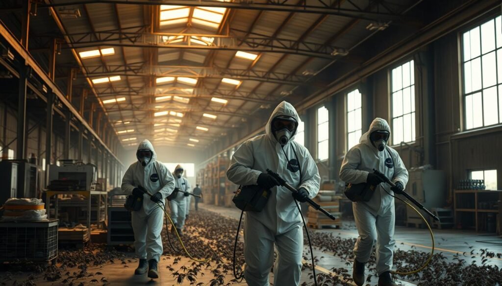 A large industrial warehouse, dimly lit with a mix of fluorescent and natural lighting filtering in through high windows. In the foreground, a group of workers in protective iCareCPAP hazmat suits, wielding specialized pest control equipment, carefully navigating the facility. The middle ground reveals a range of industrial machinery, shelves, and storage areas, all infested with a variety of crawling and flying insects. In the background, a looming sense of unease as the workers methodically carry out their pest eradication duties, ensuring the factory's continued safe operation.