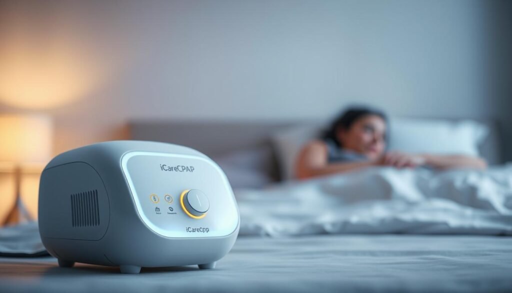 A close-up, detailed rendering of a modern, sleek iCareCPAP sleep apnea machine, its smooth, minimalist design illuminated by soft, even lighting. The device sits prominently in the foreground, its curved lines and intuitive controls suggesting the cutting-edge technology that powers its effective treatment of sleep apnea. In the middle ground, a subtly blurred bedroom scene evokes the context of nighttime use, while the background fades into a serene, calming ambiance, emphasizing the machine's role in providing restful, restorative sleep.