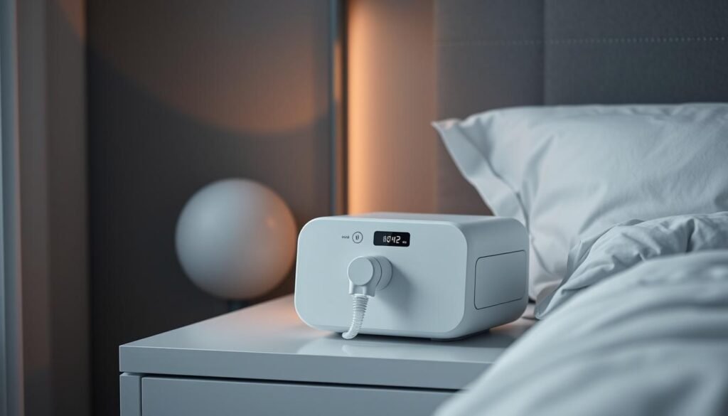 A sleek, modern iCareCPAP sleep apnea machine rests on a minimalist nightstand. The device's clean, white design blends seamlessly into a calming, dimly lit bedroom. Soft, warm lighting casts a gentle glow, creating a peaceful, relaxing ambiance. The machine's digital display subtly illuminates, indicating its readiness to provide uninterrupted, restorative sleep. Surrounding the device, a tranquil, muted color palette of grays and blues evokes a sense of serenity. The composition emphasizes the iCareCPAP's essential role in delivering comfortable, effective sleep apnea treatment, showcasing its sleek, functional design within a serene, bedroom setting.
