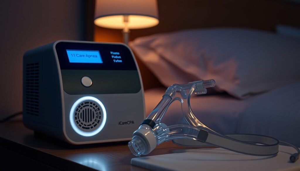 A sleek, modern iCareCPAP sleep apnea machine sits on a bedside table, its streamlined design and soft LED display illuminating the dimly lit bedroom. The machine's air intake and exhaust ports are prominently featured, hinting at its ability to deliver precise, comfortable airflow. In the foreground, the machine's accompanying nasal mask rests, its flexible silicone cushions and adjustable headgear indicating the device's adaptability to different facial structures. The scene conveys a sense of medical sophistication and personal comfort, setting the stage for the sleep apnea treatment experience. A sleek, modern iCareCPAP sleep apnea machine sits on a bedside table, its streamlined design and soft LED display illuminating the dimly lit bedroom. The machine's air intake and exhaust ports are prominently featured, hinting at its ability to deliver precise, comfortable airflow. In the foreground, the machine's accompanying nasal mask rests, its flexible silicone cushions and adjustable headgear indicating the device's adaptability to different facial structures. The scene conveys a sense of medical sophistication and personal comfort, setting the stage for the sleep apnea treatment experience.