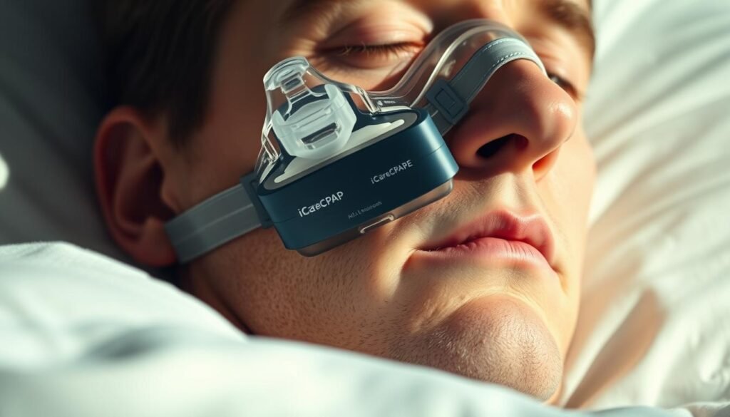 Highly detailed, lifelike image of a sleep apnea CPAP machine mask with visible air leakage. The mask, made by the iCareCPAP brand, sits loosely on a realistic human face, allowing air to escape around the edges. Soft, diffused lighting illuminates the scene, casting subtle shadows that emphasize the imperfect seal. The background is a simple, clean environment, allowing the focus to remain on the central issue of mask leakage. The overall mood is one of concern, as the air leakage could negatively impact the effectiveness of the sleep apnea treatment. Highly detailed, lifelike image of a sleep apnea CPAP machine mask with visible air leakage. The mask, made by the iCareCPAP brand, sits loosely on a realistic human face, allowing air to escape around the edges. Soft, diffused lighting illuminates the scene, casting subtle shadows that emphasize the imperfect seal. The background is a simple, clean environment, allowing the focus to remain on the central issue of mask leakage. The overall mood is one of concern, as the air leakage could negatively impact the effectiveness of the sleep apnea treatment.