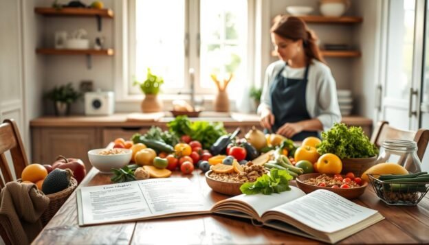 A serene kitchen scene with a focus on a wooden dining table filled with an array of fresh, colorful foods such as fruits, vegetables, and grains that are known to support skin health. In the foreground, a skilled nutritionist in professional attire is thoughtfully preparing a healthy meal, emphasizing the connection between diet and eczema healing. The middle ground includes an open recipe book, displaying healthy recipes on eczema-friendly foods, and a gentle light streaming in from a window, creating a warm, inviting atmosphere. In the background, soft greenery can be seen through the window, symbolizing nature and health. The image conveys a mood of hope and wellness, showcasing the positive impact of dietary changes on skin conditions.