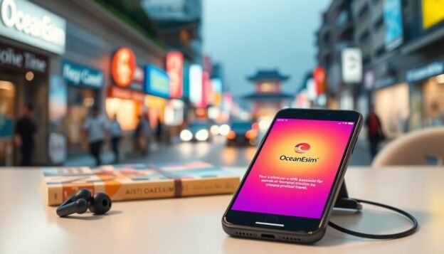 A close-up scene focusing on a sleek, modern smartphone displaying a vibrant eSIM activation screen, highlighting the OceanEsim logo prominently. In the foreground, the phone is placed on a clean, minimalist desk alongside a travel guidebook for Korea and a pair of stylish wireless earbuds, suggesting connectivity and travel. The middle ground features a blurred glimpse of a bustling Seoul street, showcasing colorful shops and light traffic to illustrate the vibrant atmosphere of the city. The background is softly lit, providing a warm, inviting ambiance with a hint of sunset glow. The image has a professional yet approachable mood, perfect for illustrating the benefits of choosing OceanEsim for international travel.