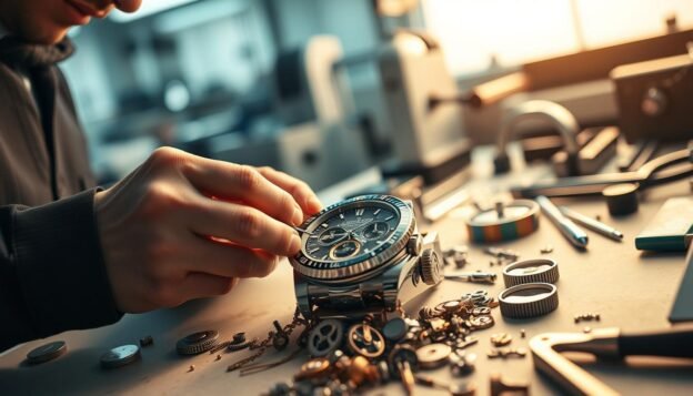 A detailed close-up of a skilled watchmaker's hands delicately assembling a Rolex timepiece, showcasing intricate gears and mechanisms under soft, diffused lighting. The foreground features the hands wearing professional business attire, meticulously adjusting tiny components with precision tools. In the middle, a well-lit workbench cluttered with tiny watch parts, magnifying glasses, and high-quality instruments reflects the meticulous nature of luxury watch manufacturing. The background is softly blurred, hinting at a sophisticated, high-tech workshop filled with elegant watchmaking machines and tools, evoking an atmosphere of craftsmanship and technological innovation. The overall mood should be one of focus and dedication, emphasizing the precision and artistry involved in Rolex's manufacturing processes.