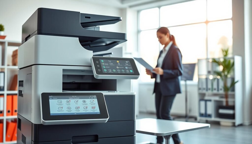 A modern A3 color photocopier, sleek and multifunctional, positioned prominently in a bright, well-organized office space. In the foreground, the photocopier displays a digital interface with icons representing user access levels and permissions. The middle ground features a professional business person, dressed in business attire, interacting with the photocopier, carefully managing document scanning and archiving settings. The office background includes shelves with neatly arranged binders and a large window allowing natural light to illuminate the scene, creating a productive atmosphere. The overall mood is one of efficiency and modernity, showcasing the integration of technology in document management strategies. A modern A3 color photocopier, sleek and multifunctional, positioned prominently in a bright, well-organized office space. In the foreground, the photocopier displays a digital interface with icons representing user access levels and permissions. The middle ground features a professional business person, dressed in business attire, interacting with the photocopier, carefully managing document scanning and archiving settings. The office background includes shelves with neatly arranged binders and a large window allowing natural light to illuminate the scene, creating a productive atmosphere. The overall mood is one of efficiency and modernity, showcasing the integration of technology in document management strategies.