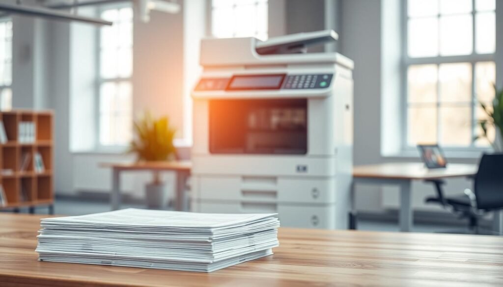 A modern A3 color photocopier with an integrated scanning feature in a well-lit office environment, prominently displayed on a sleek wooden desk. In the foreground, a stack of organized documents with clear labels ready to be scanned. The middle layer features a focused image of the photocopier, showing its digital interface and scanning window, reflecting the latest technology. The background captures a bright, professional office with soft natural light coming through large windows, creating a clean and efficient atmosphere. The mood is one of productivity and innovation, emphasizing the transformation of physical documents into digital archives. The image conveys a sense of order and efficiency without any text, ensuring a clear visualization of the scanning and archiving process. A modern A3 color photocopier with an integrated scanning feature in a well-lit office environment, prominently displayed on a sleek wooden desk. In the foreground, a stack of organized documents with clear labels ready to be scanned. The middle layer features a focused image of the photocopier, showing its digital interface and scanning window, reflecting the latest technology. The background captures a bright, professional office with soft natural light coming through large windows, creating a clean and efficient atmosphere. The mood is one of productivity and innovation, emphasizing the transformation of physical documents into digital archives. The image conveys a sense of order and efficiency without any text, ensuring a clear visualization of the scanning and archiving process.