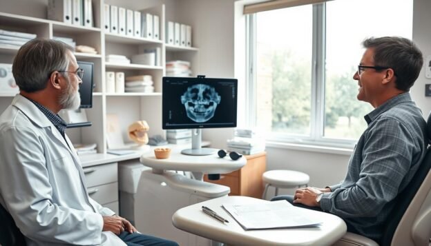 A dental examination room focused on the pre-implant assessment process for a patient with significant alveolar bone resorption. In the foreground, a dentist in a white coat and a patient in modest casual clothing are engaged in a serious discussion, examining a digital X-ray displayed on a computer screen. In the middle ground, dental instruments and an anatomical model of a jaw are neatly arranged on a desk, while dental charts are visible. The background reveals shelves filled with dental research materials and a large window allowing soft, natural light to illuminate the space, creating a professional yet welcoming atmosphere. The scene is captured from a slightly elevated angle to emphasize the interaction between the dentist and the patient, focusing on the importance of thorough evaluation before dental implants.