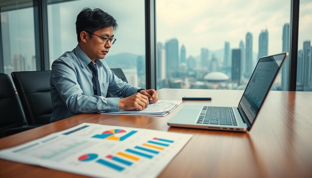 A professional auditor in business attire sitting at a wooden conference table, intently reviewing financial documents and ledgers spread out before them. The foreground captures the vibrant colors of charts and graphs, while the middle ground features an open laptop displaying auditing software. In the background, a glass wall reveals a cityscape of Hong Kong, symbolizing a bustling financial hub. Soft, diffused lighting illuminates the scene, creating a focused and serious atmosphere, emphasizing diligence and professionalism. The angle is slightly elevated, allowing for a comprehensive view of the audit process, showcasing clarity and precision in financial analysis, reflecting the importance of statutory audits for Hong Kong companies.