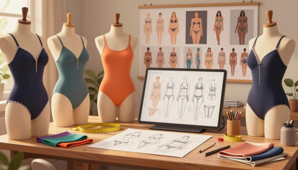 A vibrant and informative illustration depicting the fundamental principles of swimwear design focusing on comfort and fit. In the foreground, display a stylish array of swimwear prototypes on mannequins, showcasing a variety of shapes and sizes to illustrate inclusivity in design. The middle ground features a designer sketching swimwear concepts on a drafting table surrounded by colorful fabric swatches, measuring tape, and design tools. In the background, a large mood board highlights different body shapes and fashion inspirations, all against a softly lit studio with warm, ambient lighting to create a cozy atmosphere. Use a cinematic angle that brings depth, capturing a professional yet creative workspace, emphasizing the thoughtful approach in design.
