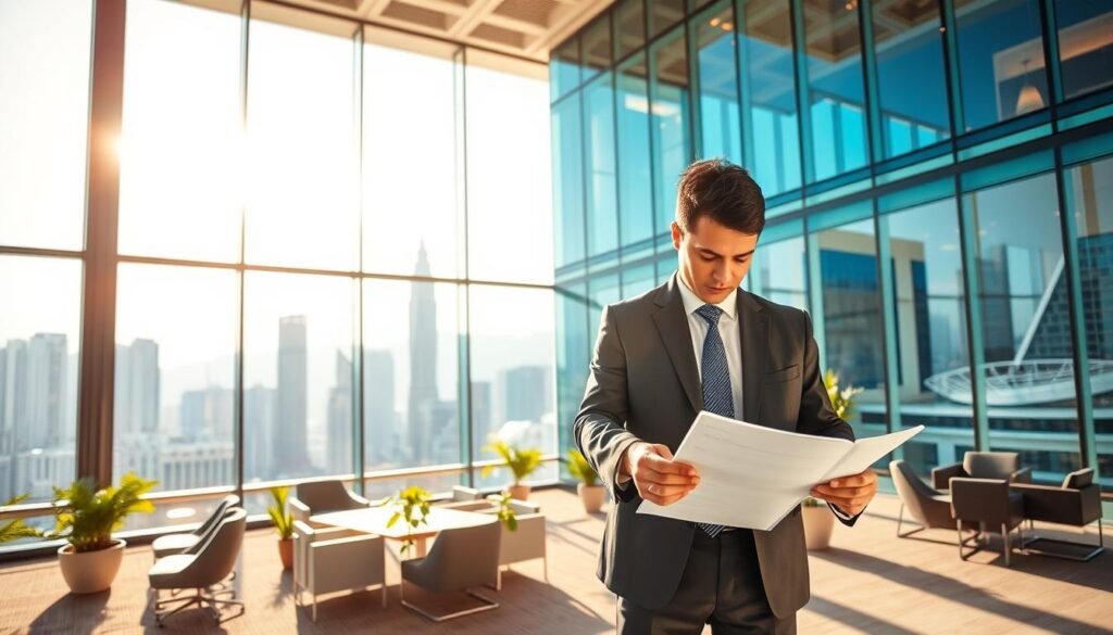 A vibrant, modern office space in Wanchai, Hong Kong, showcasing a stylish commercial building with glass facades reflecting the bustling city life. In the foreground, a professional businessperson in formal attire examines a lease agreement, symbolizing opportunity. The middle ground highlights an open-plan office filled with contemporary furniture and large windows offering panoramic views of the skyline. Sunlight streams through, creating a warm, inviting atmosphere. In the background, iconic Wanchai architecture like the Hong Kong Convention and Exhibition Centre is visible, emphasizing the strategic location. The scene conveys a sense of productivity and efficiency, ideal for businesses looking to establish a presence in this thriving district. Bright, natural lighting enhances the modernity and professionalism of the image.