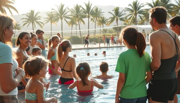 A vibrant scene depicting a community swimming club event, showcasing social interactions and training activities. In the foreground, a diverse group of adults and children, dressed in casual athletic attire, are engaged in friendly conversations and laughter near the poolside. The middle ground features a coach demonstrating swimming techniques with a small group of attentive swimmers, highlighting teamwork and camaraderie. The background reveals a scenic outdoor swimming venue with bright sunlight filtering through palm trees, creating a warm, inviting atmosphere. Soft reflections shimmer on the water's surface, adding to the cheerful mood. The composition captures a sense of community and friendship, emphasizing the social aspects of the swimming club. Use natural lighting to enhance the inviting, relaxed vibe of the gathering, framing the scene from a slightly elevated angle for depth.