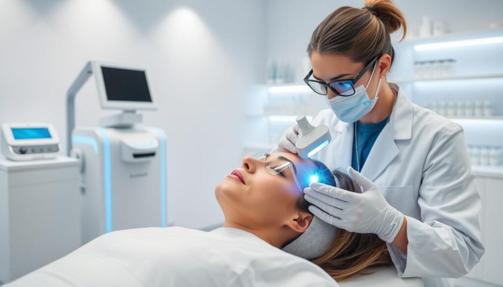 A clinical setting showcasing a professional skincare treatment. In the foreground, a skilled dermatologist in a white lab coat administers a picosecond laser treatment on a patient’s cheek, who is comfortably reclined, wearing protective eyewear. The dermatologist is focused, with a laser device emitting a soft blue glow. In the middle ground, a modern treatment room is filled with advanced technology, including laser machinery and a soothing color palette of light blues and whites. Soft, diffused lighting creates a calm and sterile atmosphere. In the background, shelves neatly display skincare products and medical tools. The scene captures the precision and care involved in the process of laser treatment for skin pigmentation, conveying a sense of professionalism and safety.