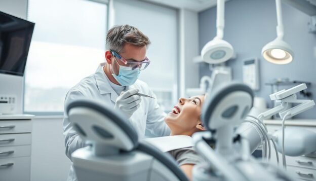 A dental professional examines a patient's wisdom teeth in a modern clinic, showcasing a detailed dental chair and high-tech equipment in the foreground. In the middle, the focus is on the dentist, wearing a white coat and safety goggles, using a dental mirror and probe to assess the condition of the wisdom teeth. The patient is reclined comfortably, appearing calm and relaxed. In the background, various dental tools and bright, clinical lighting create a clean and efficient atmosphere. Soft, natural light filters through a window, enhancing the sense of professionalism and care. The overall mood is reassuring, emphasizing the importance of regular dental check-ups to prevent complications associated with wisdom teeth. The image composition is tight yet clear, capturing the intimate interaction between dentist and patient.
