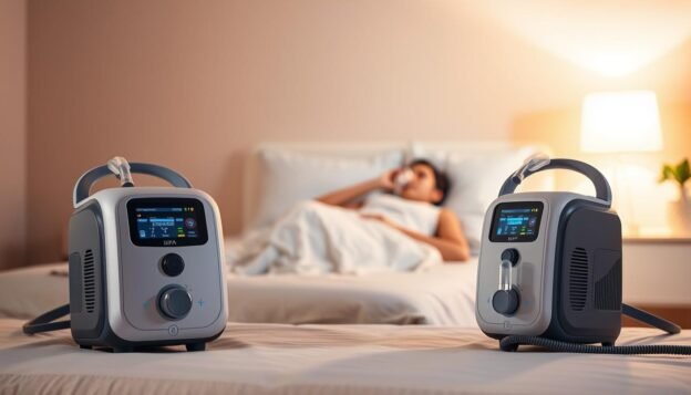 A pair of BiPAP sleep apnea machines prominently displayed in the foreground, showcasing their sleek design and various pressure settings. In the middle ground, a serene, well-lit bedroom setting with soft, ambient lighting, featuring a comfortable bed where a person, dressed in modest sleepwear, is peacefully using the machine. The background includes soothing elements such as soft pillows and a nightstand with a small plant, enhancing the calming atmosphere. The overall mood conveys comfort and tranquility, emphasizing the technology's role in optimizing breathing. The scene is captured with a warm color palette, focusing on soft shadows and gentle highlights to evoke a peaceful sleep environment, suggesting relief and support for those suffering from mixed obstructive sleep apnea.