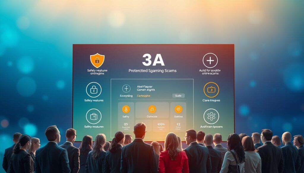 A visually striking image illustrating the safety measures of "3A" entertainment platform. In the foreground, a diverse group of people, dressed in professional business attire, gather around a large screen displaying security features like a shield icon, encryption symbols, and safety badges. In the middle ground, a sleek, modern gaming interface is showcased, highlighting user-friendly tools for avoiding online scams. The background features a soothing blue and green gradient, evoking a sense of trust and safety. Soft, warm lighting enhances the atmosphere, while a slight bokeh effect creates depth. The overall mood is reassuring and professional, reflecting the commitment of "3A" to protect players' gaming rights through effective security measures and anti-fraud guidelines.