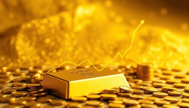 A dynamic and detailed illustration depicting the trend of gold prices over time in the context of one tael, specifically showcasing a rising graphical line chart. In the foreground, include a sleek golden bar symbolizing gold, surrounded by small gold coins scattered artistically. The middle layer features the line chart prominently displaying an upward trend, with numerals and data points indicating fluctuating prices. In the background, a shimmering backdrop of abstract gold textures and warm lighting reflects a prosperous and hopeful atmosphere. The lighting is soft yet radiant, casting gentle shadows to enhance depth, while a wide-angle perspective immerses the viewer. Convey a sense of economic vitality and growth, ensuring the composition remains professional and visually engaging.