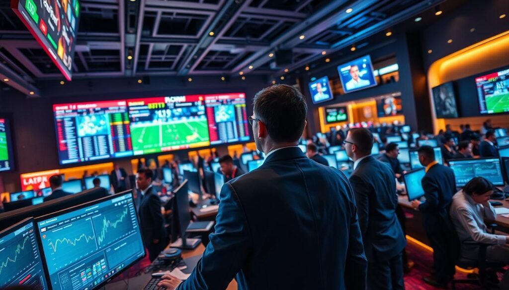 A dynamic, high-tech scene depicting a bustling sports betting environment during a peak event. In the foreground, a group of professionals in business attire collaborate around multiple computer screens showcasing live sports data and simulations. The middle ground features large digital displays with vibrant interfaces displaying betting odds and animated graphs to illustrate high traffic scenarios. The background is a stylish, modern sports betting lounge, filled with people engaged in discussions, with ambient lighting that creates a vibrant yet focused atmosphere. The lighting is bright and glowing, emphasizing the excitement of the event, captured using a wide-angle lens to convey motion and energy within the space. The overall mood is one of intense focus and strategic planning in a fast-paced, competitive environment.
