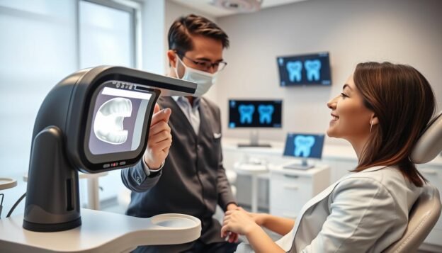 A modern dental clinic interior, showcasing the application of digital intraoral scanning technology. In the foreground, a dentist in professional attire is using a sleek, high-tech intraoral scanner on a patient in a dental chair, ensuring precision in dental molding. The patient appears relaxed, with a focused expression. The mid-ground features dental tools and digital screens displaying 3D models of dental impressions. The background reveals a bright, well-organized dental workspace with clean lines, contemporary decor, and soft, diffused lighting to create a calm atmosphere. The image is taken from a slightly elevated angle to encompass the full scope of the dental environment, emphasizing the importance of digital scanning in modern dentistry.